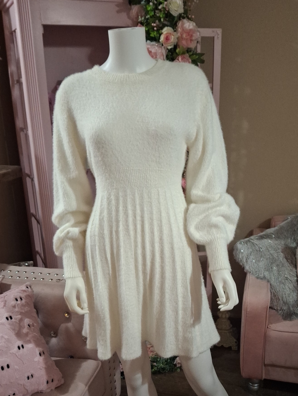 Ivory Fuzzy Knit Sweater Dress with Balloon Sleeves NWOT Size S
